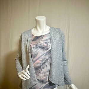 Women’s Light Gray PRATO Cardigan Chiffon Front Beaded Peacock Feather Print S